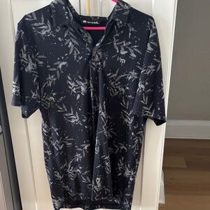 Travis Mathew Men's Black Polo with Gray Leaf Print